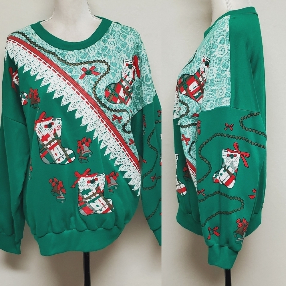 80s Vintage Nut Cracker Green Red White Faux Lace Stocking Christmas Sweatshirt